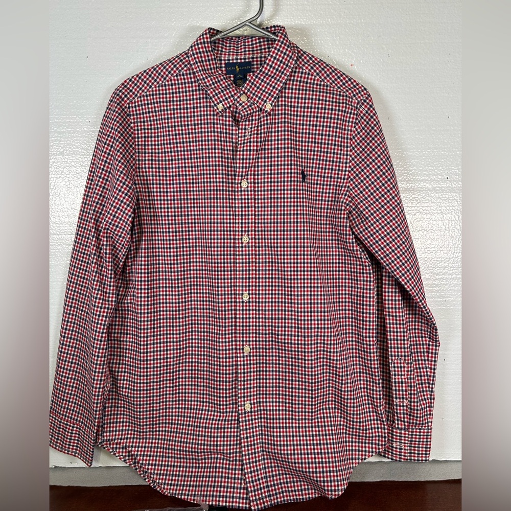 Ralph Lauren Red and Blue Checkered Polo Shirt Youth Boys Size XL‎